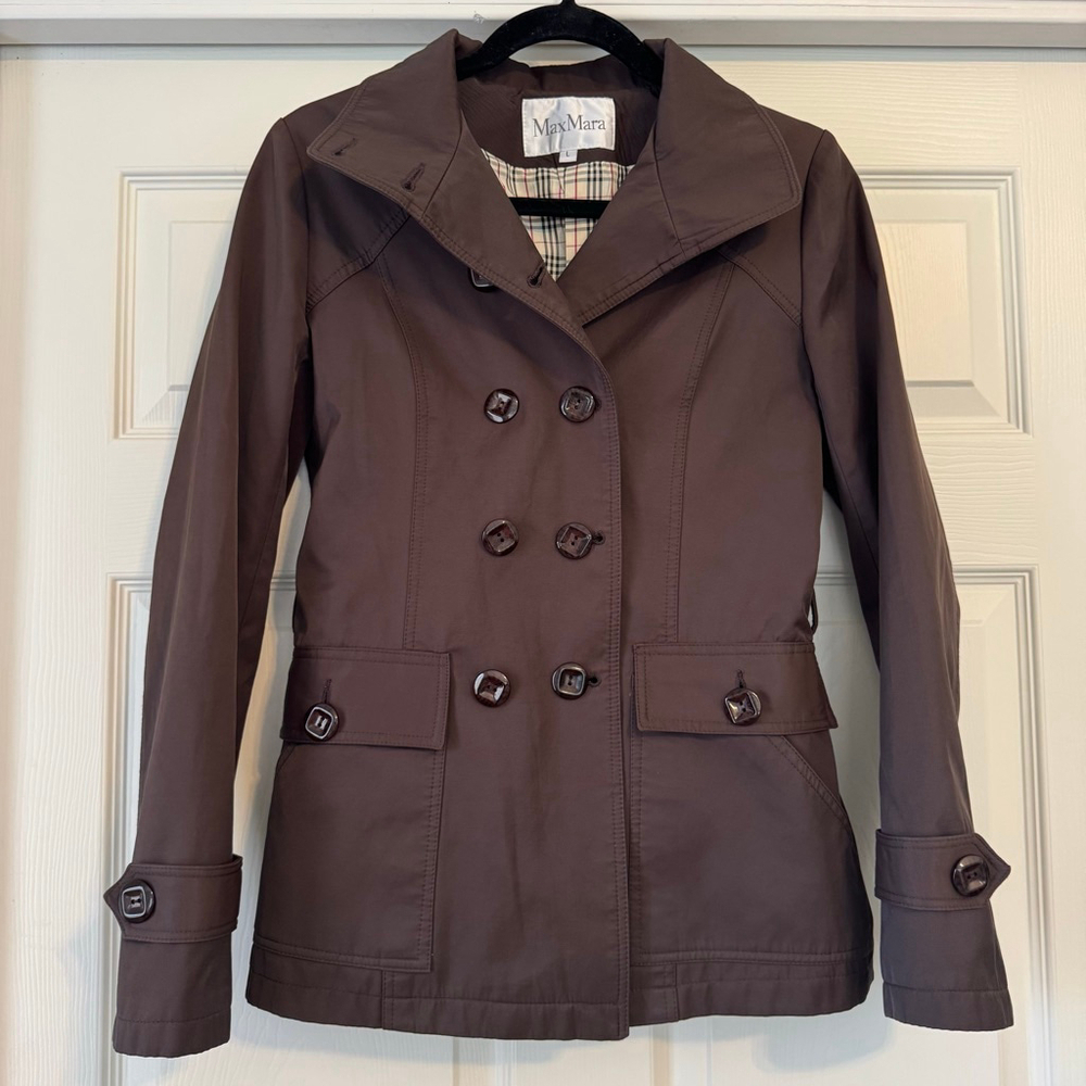 Y2K Brown Cropped Trench Coat with Plaid Lining - Size L